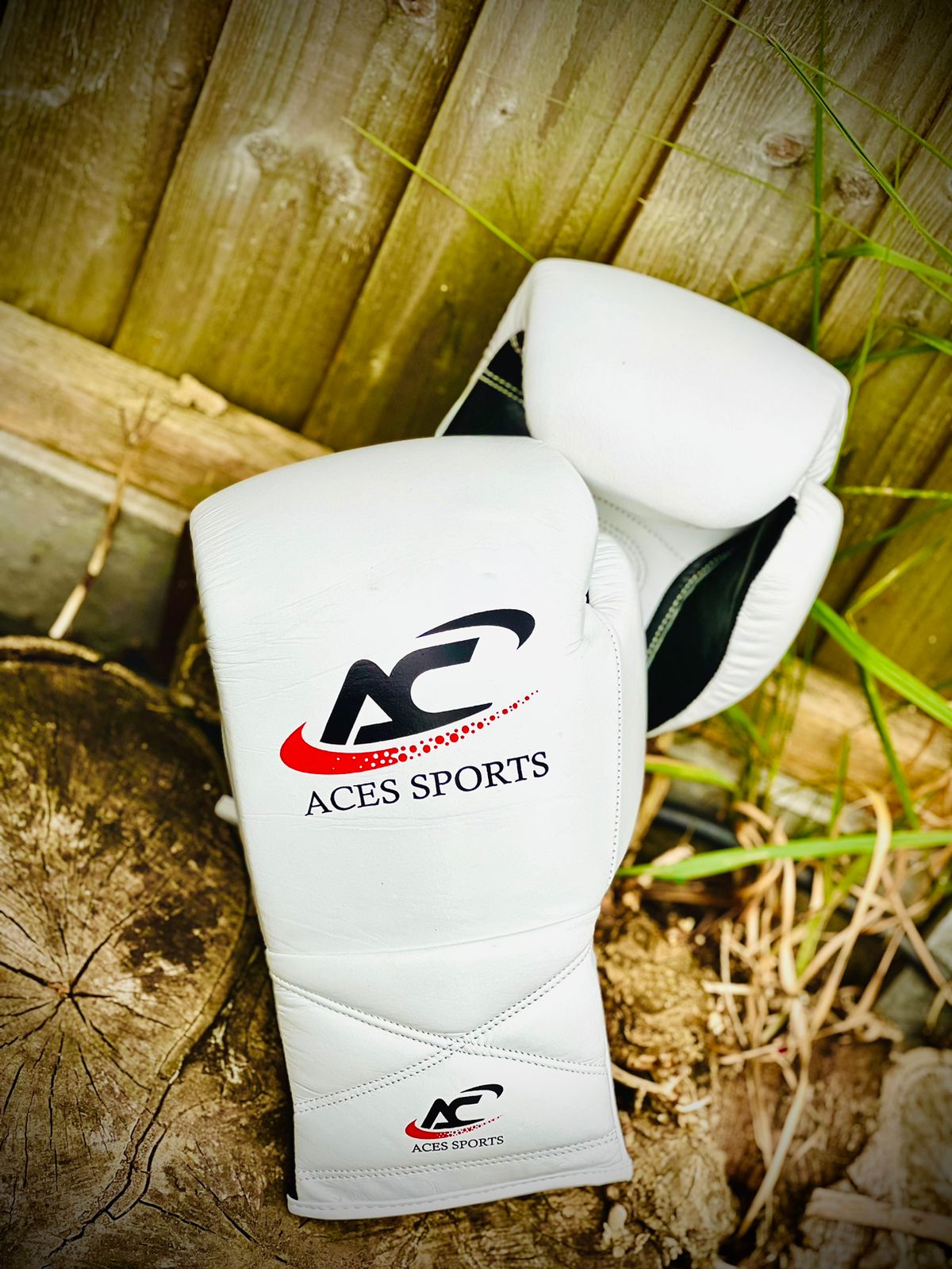 ACES Professional Cowhide Leather Boxing Gloves with laces in White & Black
